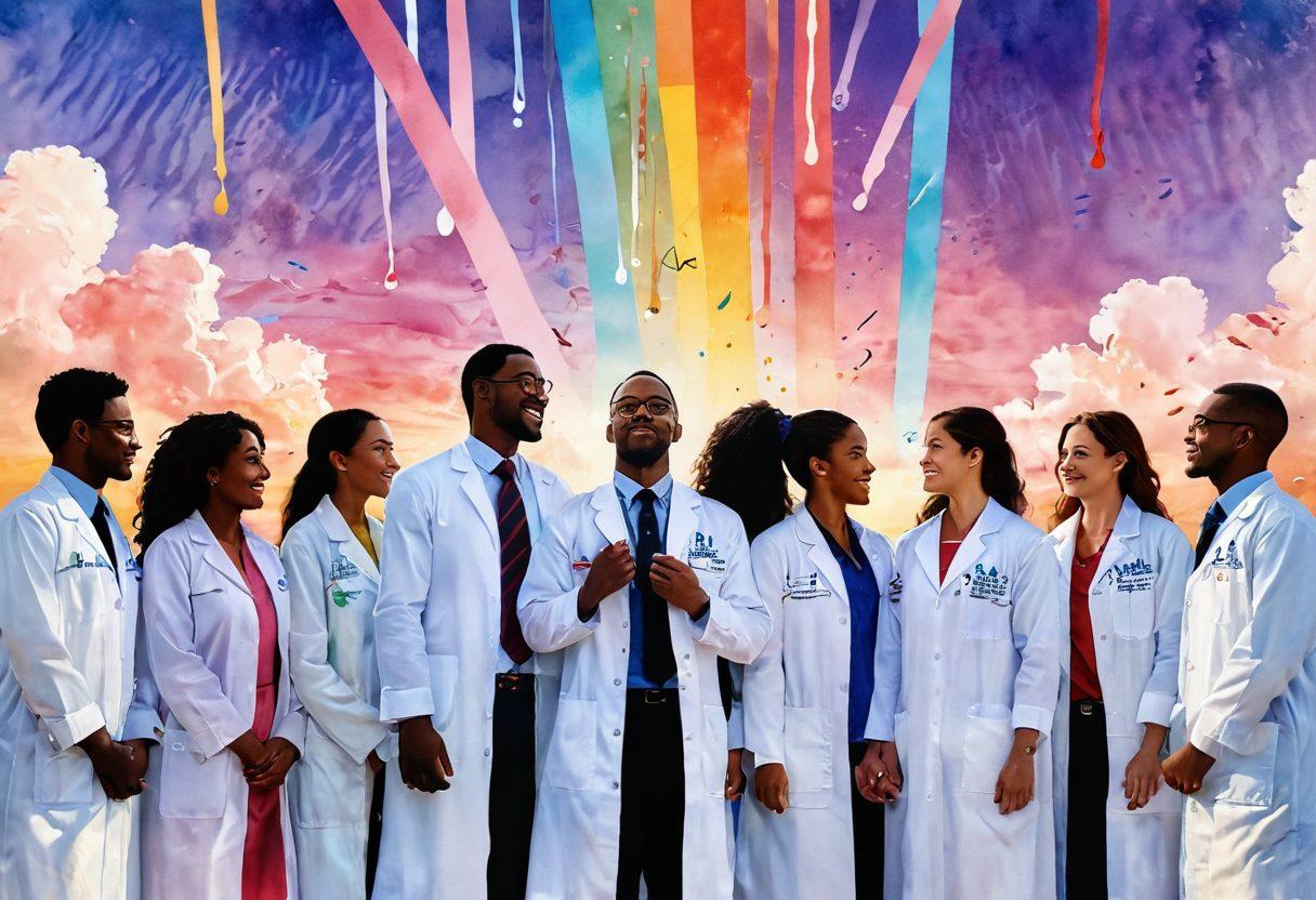 A hopeful scene depicting a diverse group of people holding hands, symbolizing support, with a backdrop of ribbons representing various cancers. In the foreground, a researcher with a lab coat is examining test tubes filled with colorful liquids, showcasing breakthroughs. In the sky, soft rays of sunlight breaking through clouds symbolize hope and triumph. The atmosphere is warm and inviting, evoking feelings of community and strength. watercolor. vibrant colors. uplifting mood.