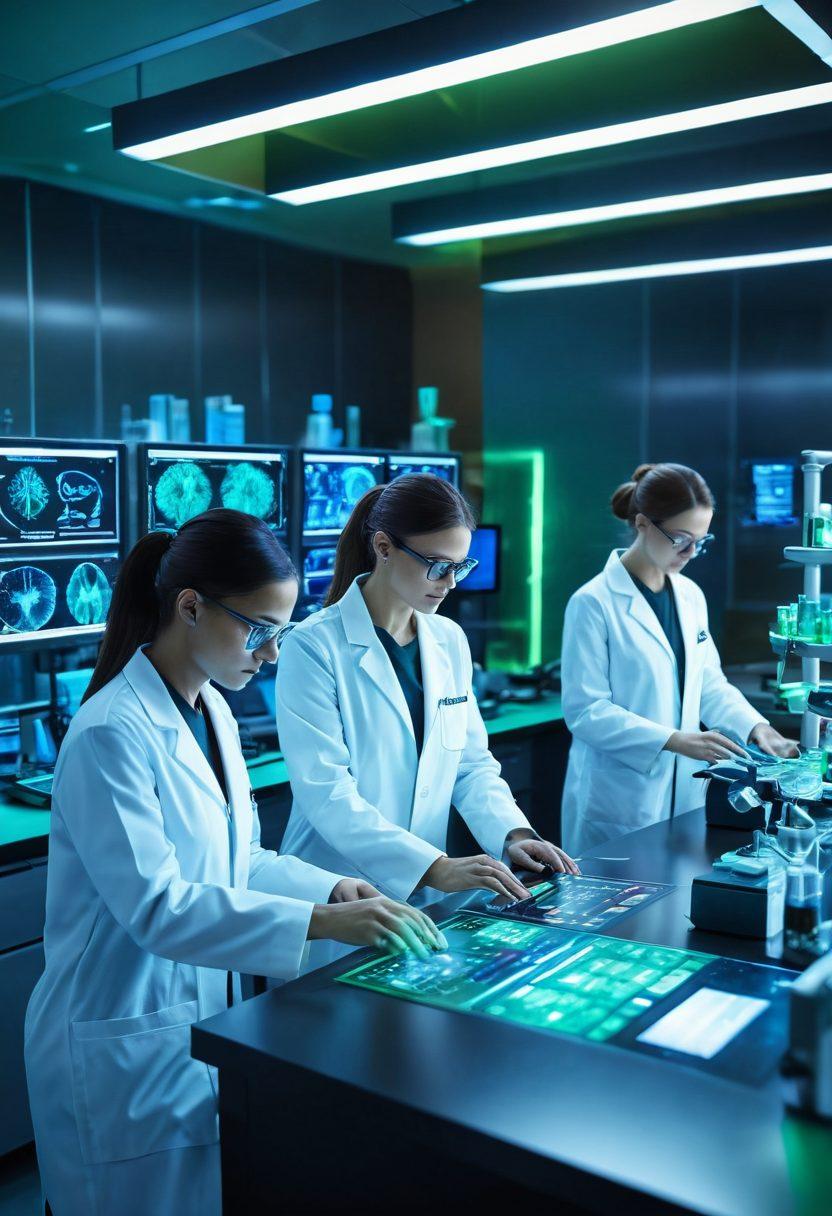 A futuristic laboratory scene showcasing advanced oncology treatments, with scientists in lab coats working on high-tech equipment. Include holographic displays of cancer cells and innovative treatment methods. The atmosphere is vibrant, filled with blue and green lighting to symbolize hope and science. Emphasize collaboration and technology in medicine. super-realistic. vibrant colors. 3D.